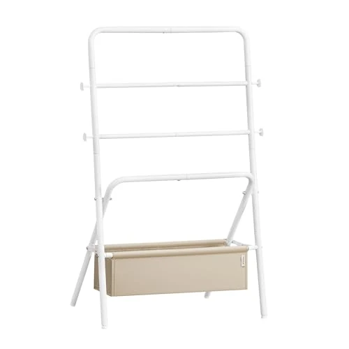 VASAGLE Stojak na ręczniki, drabina łazienkowa, składana, 4 haczyki, torba z tkaniny, wysokość 98,6 cm, łazienka, sypialnia, salon, perłowo-biały i brązowy wielbłądzi, LLS020W01