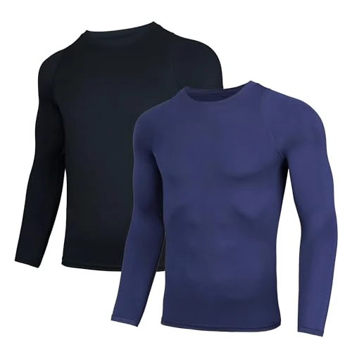 AMZSPORT 2 Pack Mens Compression Tops, Long Sleeve Base Layers Quick Dry Workout Shirts for Running Fitness Cycling Training