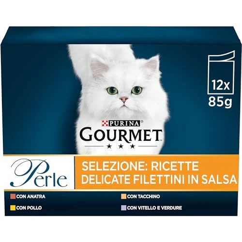 Gourmet Wilgotne filety z kotami w sosie z kurczakiem, kaczką, indykami, cielęciną z warzywami - 72 saszetki po 85 g każdy (6 opakowań 12 x 85 g)