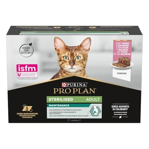 Purina Pro Plan Sterilised Mantainance Cibo Umido per Gatti Sterilizzati Patè Salmone e Tonno, 12 Lattine da 85g