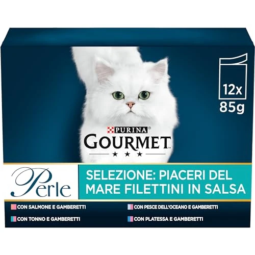 Gourmet Perle Moist Cat Fillers in Sauce with Ocean Fish, Platessa, Salmon, Tuna with Shrimp – 72 Bags of 85 g Each (6 Packs of 12 x 85 g)