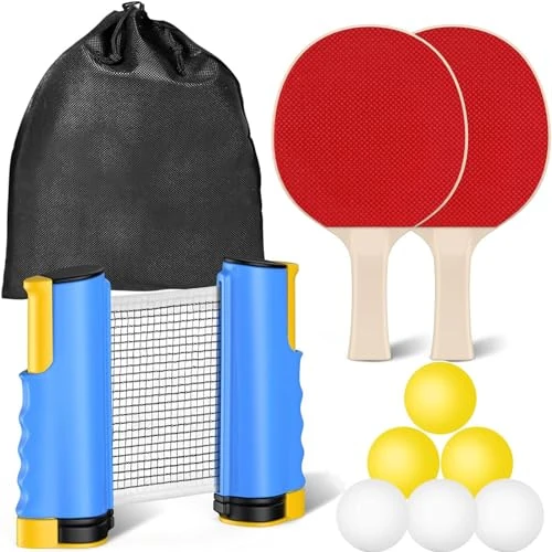 FOOING Tischtennisschläger Set, 2 Tischtennisschläger Profi 6 Tischtennisbälle Versenkbar Tischtennisnetz, Tischtennis Set mit Aufbewahrungstasche,Blau