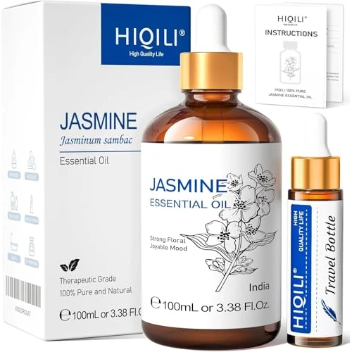 HIQILI 100ml Jasmin Öl, 100% Reines Natürliches Ätherische Öle für Diffuser, Kerzen, Haut, Haare, Inklusive Reiseflasche