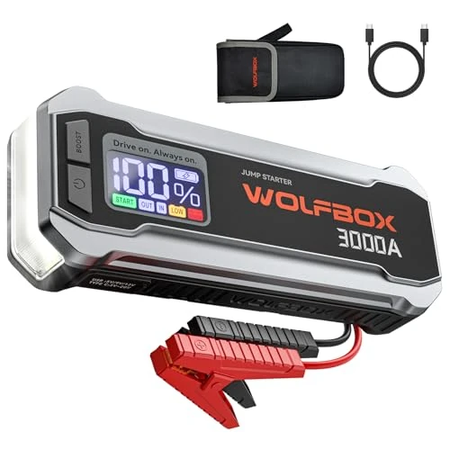 Tijdelijke aanbieding: WOLFBOX Jump Starter Power Pack, 3000A auto-accubooster voor 12V voertuig met 65W snellading, autostart-powerbank voor 8L gas 6L dieselmotor met LED-licht, startkabels van 129.99 EUR naar 129.99 EUR (korting 0%)
