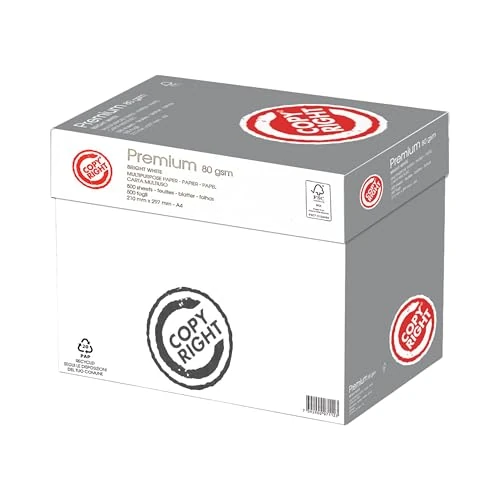 期間限定オファー: Copy Right プレミアムA4用紙80g - 各500枚入り5連パック - 合計2,500枚 - オフィスや自宅のすべてのプリンターやコピー機に最適 - ホワイト 通常価格 24.50 JPY セール価格 24.50 JPY (割引 0%)