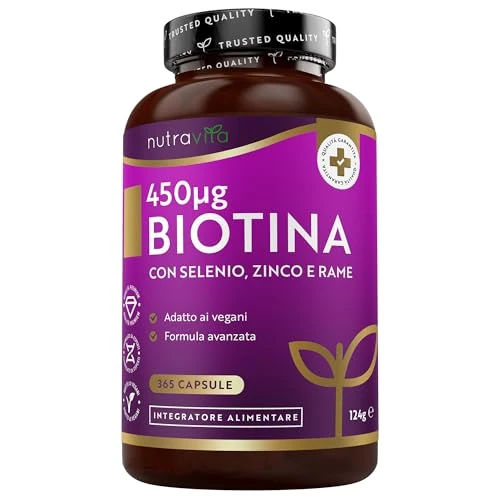 Offerta a tempo: Biotina + Zinco + Selenio + Rame - 365 Capsule Vegane, Fornitura per 1 Anno, Supporto per Capelli, Pelle e Unghie - Integratore di bellezza - Nutravita - 25% da 15.99 € a 11.99 €