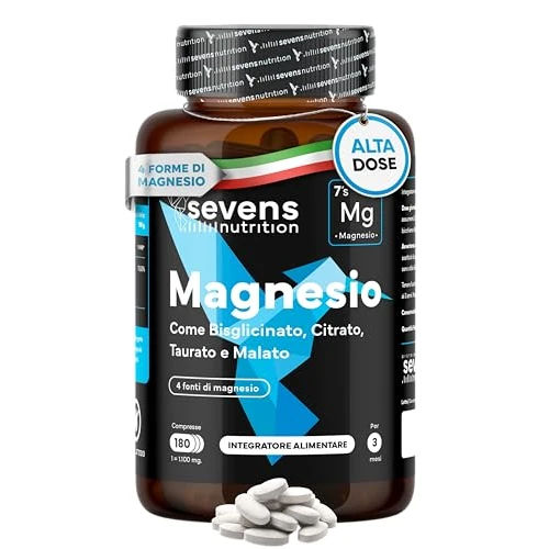 Magnesio Complex 4 en 1 - Citrato, Bisglicinato Quelado, Malato y Taurato - Alta Biodisponibilidad - Energía y Función Muscular. Reduce Cansancio y Fatiga - 180 Comprimidos - Hecho en España - Sevens