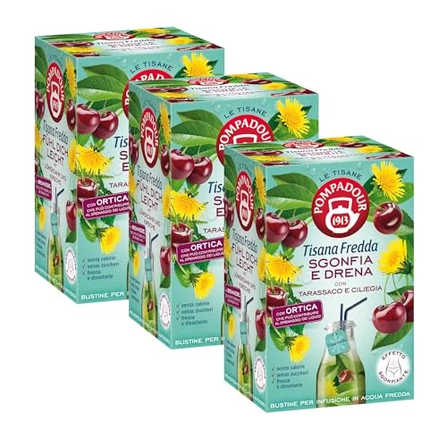Offerta a tempo: Pompadour, Tisana Fredda Sgonfia e Drena, 54 Filtri (3 Confezioni da 18 Filtri), Con Tarassaco e Ciliegia, Senza Zuccheri, Senza Calorie, Fresca e Dissetante - 0.00% da 14.99 € a 14.99 €