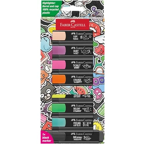 Faber-Castell 254692 Graffiti Neon Textmarker Set 8 Stück, Highlighter Pens mit Präzisions-Keilspitze, Leuchtende Graffiti Neonfarben, Ergonomisches flaches Design