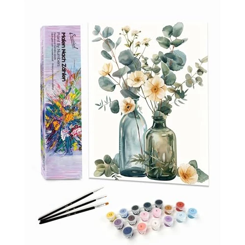 Bougimal Paint by Numbers Adult Landscape without Frame Including Brush and Acrylic Paints - 28 x 35 cm, Colourful Flowers 1