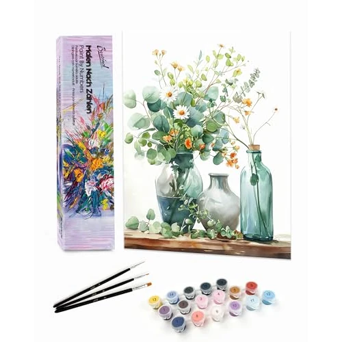 Bougimal Paint by Numbers Adult Landscape without Frame Including Brush and Acrylic Paints - 28 x 35 cm, Colourful Flowers 2