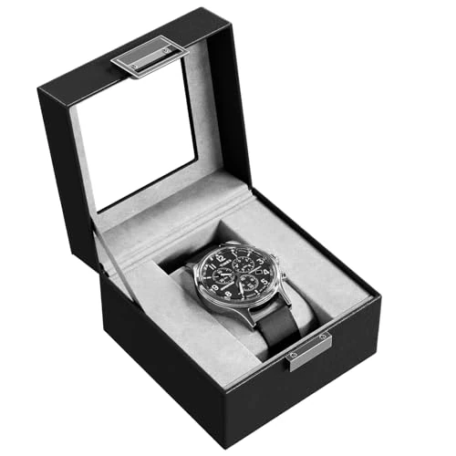 ProCase Boite à Montre Antichoc, Coffret Montre Homme avec 1 Emplacement Coussins Montre, Rangement Montre avec Couvercle en Verre, pour Voyage -Noir