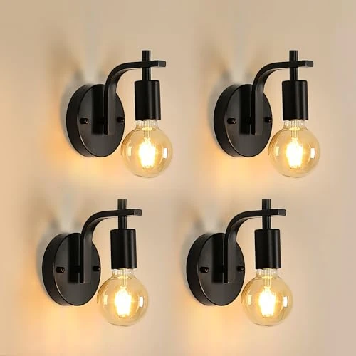 Offerta a tempo: DELIPOP 4 Pezzi Applique da Parete Interno, Lampada da Parete Vintage Industriale, E27 Lampada a Muro Retrò in Ferro per Corridoio, Camera da Letto, Soggiorno, Nero - 19% da 36.99 € a 30.12 €