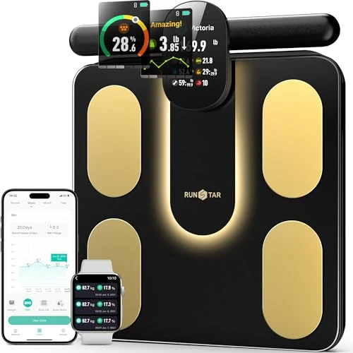 Oferta limitada: RunSTAR Báscula de baño para el báscula con 8 Electrodos para Peso Corporal y Grasa, IMC, Masa Muscular y 28 Mediciones de Composición Corporal, con Pantalla TFT LCD en Color en Asa Retráctil de 169.99 € a 155.32 € (ahorro 9%)