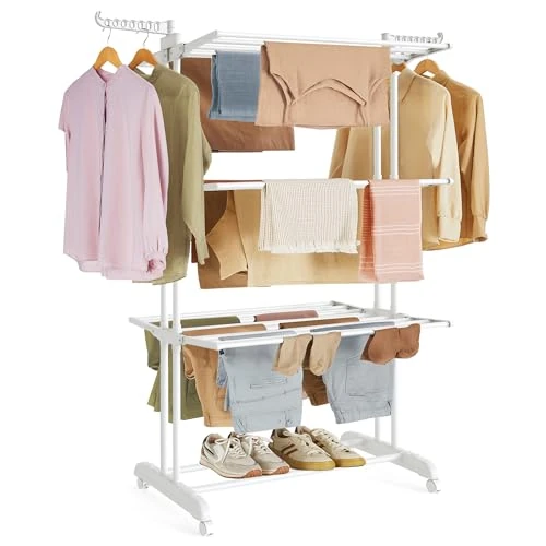 SONGMICS Étendoir à Linge, Séchoir Mobile à 4 Niveaux, avec roulettes, Pliable, 63,5 x 128 x 173 cm, Grande Capacité, Montage Facile, Utilisation Intérieure et Extérieure, Blanc Nuage LLR701W03