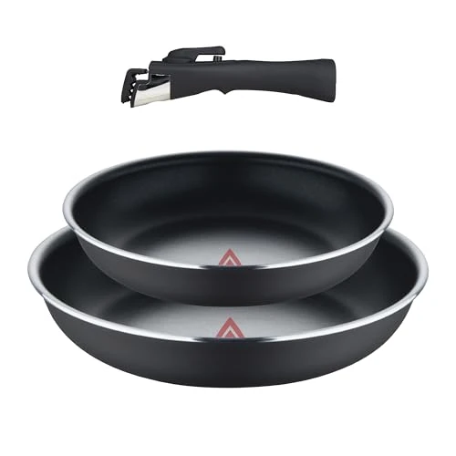 BERGNER Click & Cook Set of 3 Frying Pans (22 + 26 cm) with Removable Handle - Pressed Aluminium & Heat Dot - ILAG Essential Coating - Black