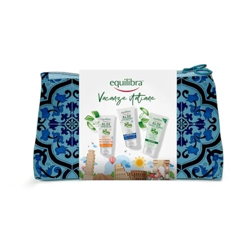 equilibra, Italienische Urlaubstasche mit Aloe Sonnencreme LSF 50+, Aloe Milch nach dem Sonnenbaden und Aloe Dusch-Shampoo, im praktischen Reiseformat, dermatologisch getestet, geeignet für