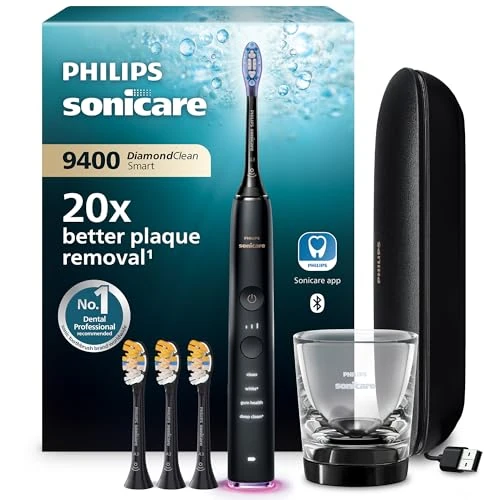 Philips Sonicare DiamondClean Smart 9400 Electric Toothbrush, Electric Toothbrush with App, Pressure Sensor, 4 Brushing Modes and 3 Intensity Levels, Black, HX9918/89