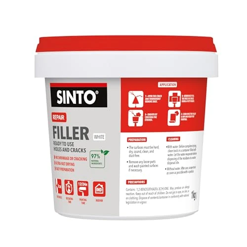 Offre limitée : SINTO Enduit de rebouchage pâte blanc 1kg, rebouche trous fissures et gros défauts jusqu'à 1cm, sans retrait ni fissure, séchage rapide, plâtre béton brique et bois, prêt à l'emploi de 7.10 € à 7.10 € (0.00% de remise)