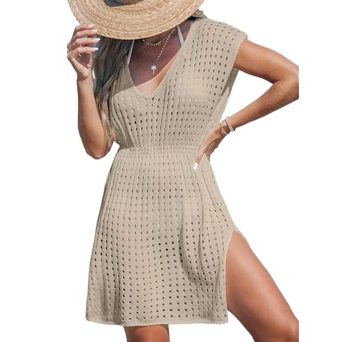Offerta a tempo: CUPSHE Costume da bagno da donna all'uncinetto, a maniche corte, con scollo a V, mini abito in rete, stile casual, in maglia, Albicocca, Medium - 25% da 37.99 € a 28.49 €