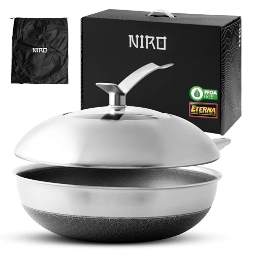 NIRO Triple Layer Non-Stick Wok (Stainless Steel + Aluminum) Ø26 cm, Lid Included, Scratch-Resistant, PFOA Free, for Induction, Ceramic, Electric, Gas, Oven, Anti-Scald Handle