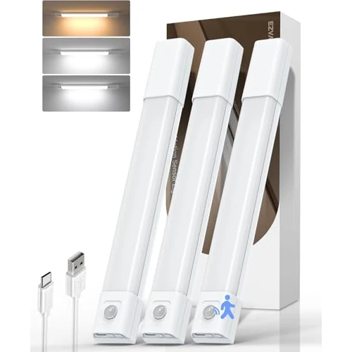 EZVALO 30CM, 50 LED Wireless Cabinet Lighting with Motion Sensor, Cabinet Lighting with 3 Temperature Variable Color Rechargeable for Kitchen, Wardrobe, Staircase (3 Pieces)