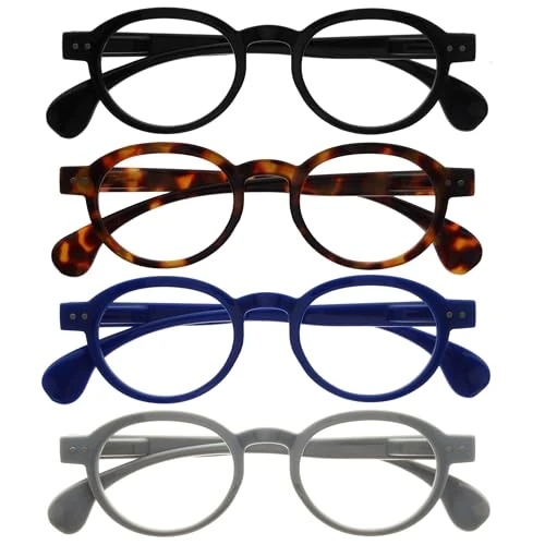 OPULIZE OCA Leesbrillen - 4-Pack - Modern Retro Rond Montuur - Zwart, Bruin, Blauw, Grijs - Heren Dames - Veerscharnieren - RRRR54-1237 - +1.00