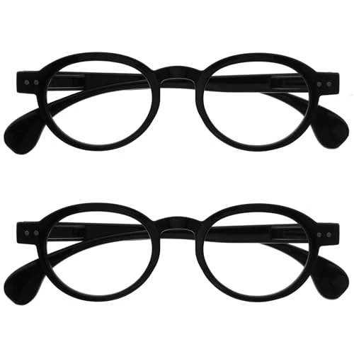 OPULIZE OCA Lunettes de Lecture - Lot de 2 - Monture Ronde Moderne Rétro - Noir Brillant - Hommes Femmes - Charnières à Ressort - RR54-1 - +3.50