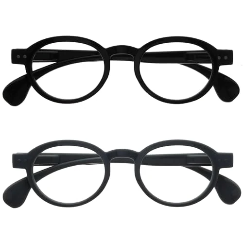 OPULIZE OCA Gafas de Lectura - Pack de 2 - Montura Moderna Retro Redonda - Negro, Gris - Hombre Mujer - Bisagras de Muelle - RR54-17 - +3.00