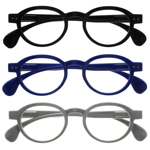 Offre limitée : OPULIZE OCA Lunettes de Lecture - Lot de 3 - Monture Ronde Moderne Rétro - Noir, Bleu, Gris - Hommes Femmes - Charnières à Ressort - RRR54-137 - +3.50 de 12.00 EUR à 11.40 EUR (remise 5%)