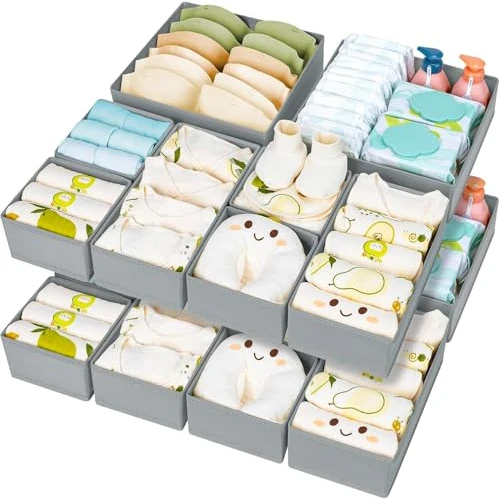 DIMJ Schubladen Organizer Kleidung Baby- 15er Set Faltbare Unterwäsche Kleiderschrank Organizer, Aufbewahrungsbox Stoff Schubladen Ordnungssystem für Hosen, Kleidung, Socken, Grau
