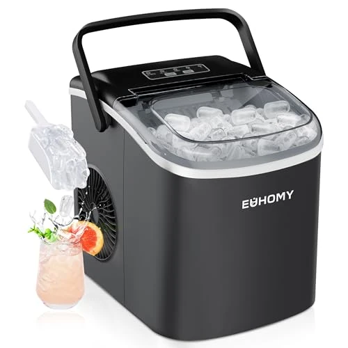 EUHOMY Máquina de hielo 12 kg/24 horas, 9 cubitos de hielo en 6 minutos, máquina de hielo autolimpiante, con asa, pala, cesta, negro, 45 dB