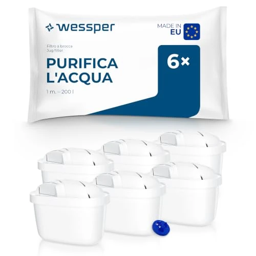 Offerta a tempo: Wessper Cartucce filtranti per brocca, ricambio per cartucce filtranti Brita Maxtra +, filtro a carboni attivi, filtro acqua Brita compatibile per brocca, Dafi e Aquaphor - 6 pezzi - 11% da 23.28 € a 20.82 €