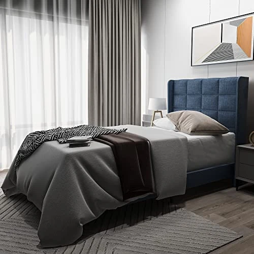 Offerta a tempo: Merax Letto imbottito 90 x 200 cm, con rete a doghe, schienale in lino, delicato sulla pelle, Blu, letto singolo per adolescente (senza materasso) - 0.00% da 95.99 € a 95.99 €