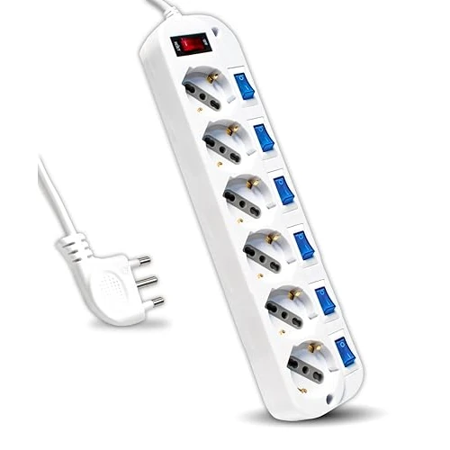 V-TAC Multipresa Elettrica con Interruttori Indipendenti - 6 Prese 10/16A Bipasso + Schuko - Spina 16A - Presa Elettrica per Casa, Ufficio, Negozio - Ciabatta - Colore Bianco
