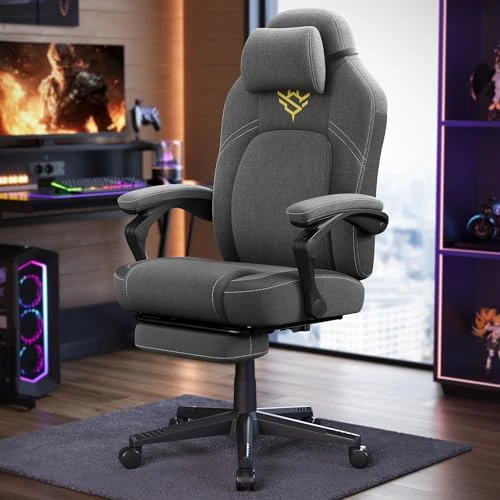 SONGMICS HOME Gamingstoel, ergonomische bureaustoel met voetensteun, gamingstoel met hoofdsteun, katoen linnen, in hoogte verstelbaar, duifgrijs OBG072G01V1