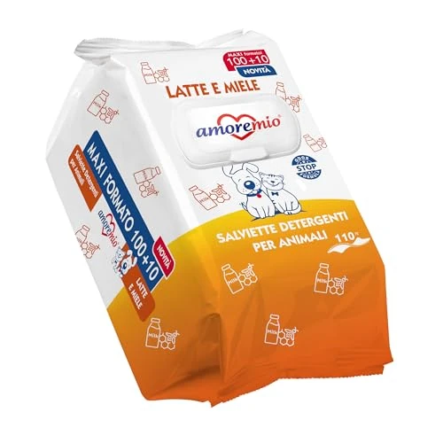 Offerta a tempo: Amore Mio | 110 Salviette al Latte e Miele Formato, Igienizzanti e Purificanti, per Il Manto di Cani, Gatti e Animali Domestici, Disinfettanti, 30x20 cm - 1 Confezione da 110 Salviettine - 11% da 8.99 € a 7.99 €