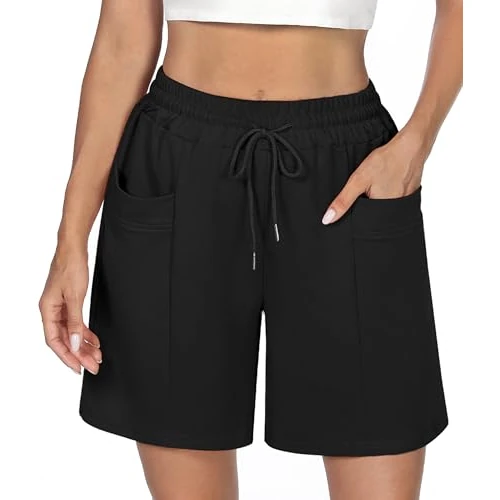 Demegimi Women's Running Shorts Casual Gym Sweat Shorts Summer High Waisted with Pockets Gym Athletic Workout Hiking Jogging Black