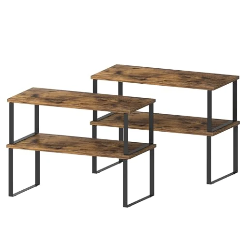 CADUKE Set van 4 keukenkast-organizers, stapelbaar werkblad en uitbreidbare houten kast, organizer, rekken, kruidenrekken, keukenrek, keukenorganizer, zwart