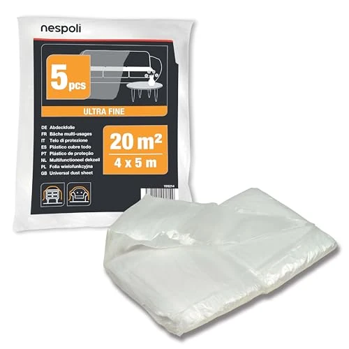 Offerta a tempo: Nespoli – Set 5 Teli Copritutto 4x5m per la Protezione di Mobili e Arredi Interni, Teli per Imbiancare Ampi e Resistenti da 20 m² - Telo Copritutto in Plastica Ultra Fine, Flessibile e Antistrappo - 15% da 4.95 € a 4.20 €