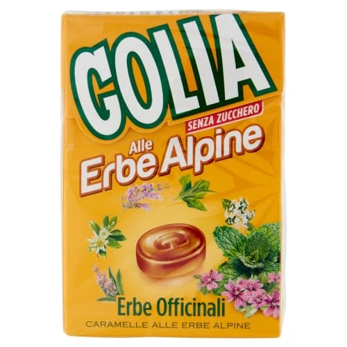 Golia alle Erbe Alpine Officinali, Caramelle Dure, Balsamiche con Estratti di Erbe, con Edulcoranti, senza Zucchero e senza Glutine, Confenzione da 1 Astuccio, Caramella Benefica e Balsamica