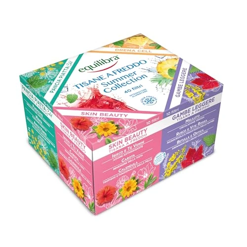 Equilibra, Cofre Summer Collection, infusiones frías, caja regalo, 40 bolsitas, 4 diferentes infusiones, infusiones de vientre plano frío, Skin Beauty, piernas ligeras, drena celda, idea regalo