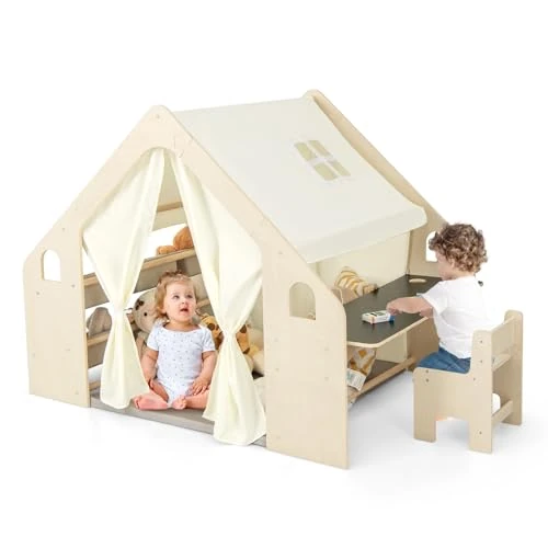 COSTWAY 6 in 1 Tenda per Bambini in Legno, Tenda Casetta da Gioco con Tavolo e Sedia, con Tappetino Lavagna e 6 Scatole Portaghiochi, Capanna per Bambini (Beige 98 x 145 x 113 cm)