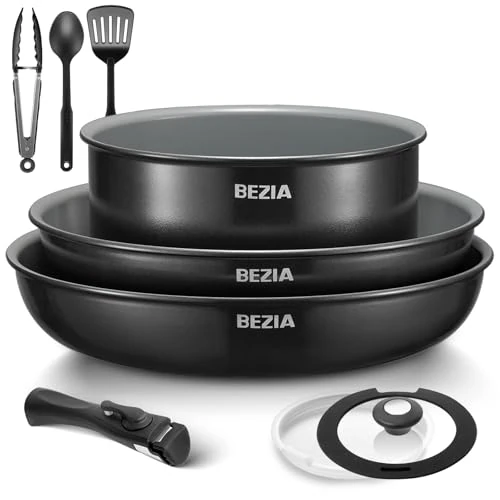Limitiertes Angebot: BEZIA Keramik Pfannenset mit Abnehmbarem Griff - 9 Teilig Topfset Induktion, Antihaft Pfanne mit Deckel für Camping, Kochtopf Set Für Alle Herdarten, Stapelbar Töpfe, Ofenfest Pfannen Set von 59.99 EUR auf 45.59 EUR (Spare 24%)