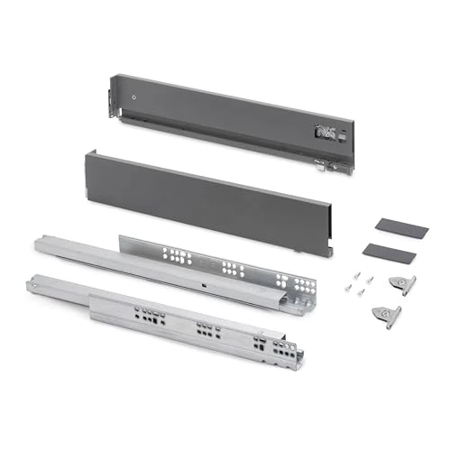 Emuca - Zestaw szuflady zewnętrznej z regulacją 3D, wysokość 93 mm, gł 400mm, 40 kg, Cichy domyk, Szary antracyt, Stal