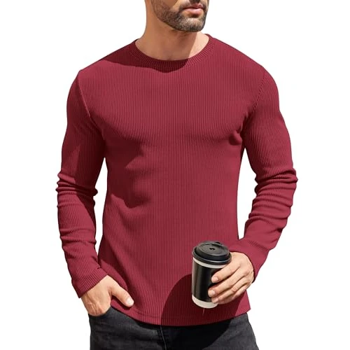 COOFANDY Mens Crew Neck Jumper Sweater Knitwear Long Sleeve Casual Slim Fit Designed Knitted Pullover Top Red L