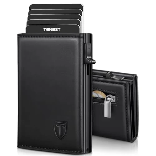 TENBST Mens Wallets RFID Blocking, Wallets for Men UK with up to 8 Card Holders, Coin Pocket, Banknote Compartment & ID Window, Minimalist Slim Wallet with Gift Box - Black