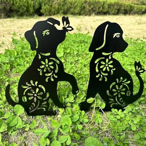 QBMYCN Lot de 2 piquets de Jardin décoratifs en métal pour Cour, Jardin, pelouse, décorations extérieures pour Les Amoureux des Chiens (Chien Noir)