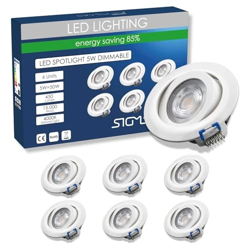 Offerta a tempo: Sigmaled lighting, 6 Faretti Led da Incasso per Cartongesso, 5W Dimmerabili 450lm, Spot a Luce Naturale 4000K, Cucina, Casa, Faretti Led Soffitto per Interno, 220V-240V AC, Faretto con Foro Ø70-80mm - 6% da 32.00 € a 30.00 €