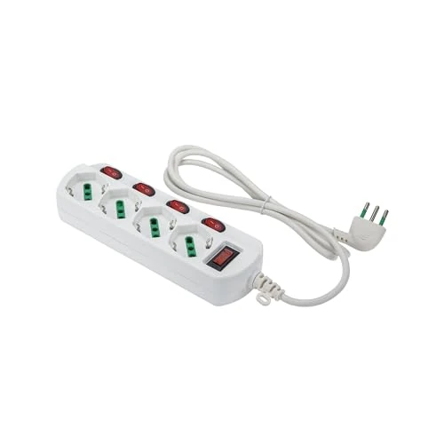 FANTON 474344 OMEGA Power Strip 4 Schuko 2P+T 16A Two-Step Sockets with Light Switch on Each Socket Cable 1.5 m. 3G0.75 H05VV-F Small Plug 10A + Automatic Overload Switch
